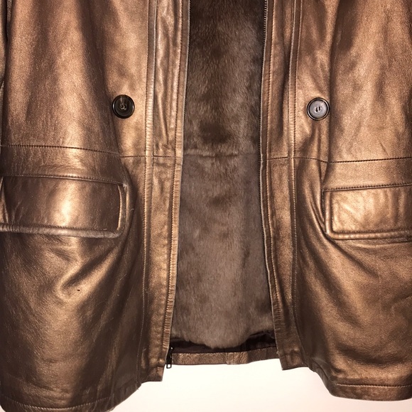 NINA RICCI leather coat with rabbit fur lining bronze metallic vintage RARE L/XL - Picture 5 of 17